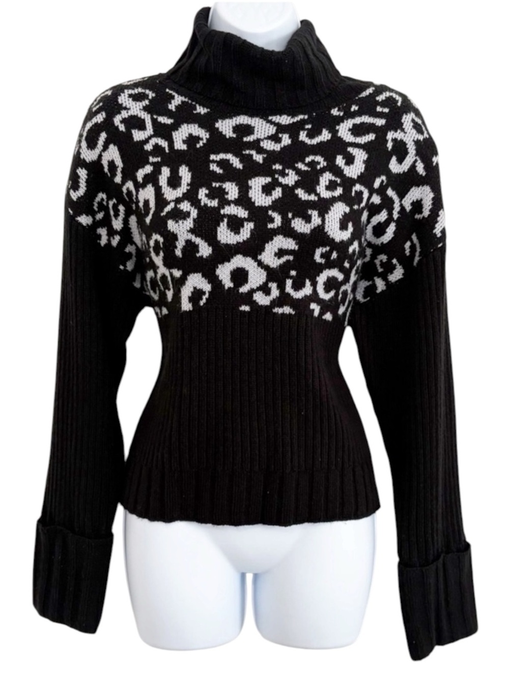 NINE WEST Leopard Animal Print Cowl Neck Pullover Sweater Black White Medium